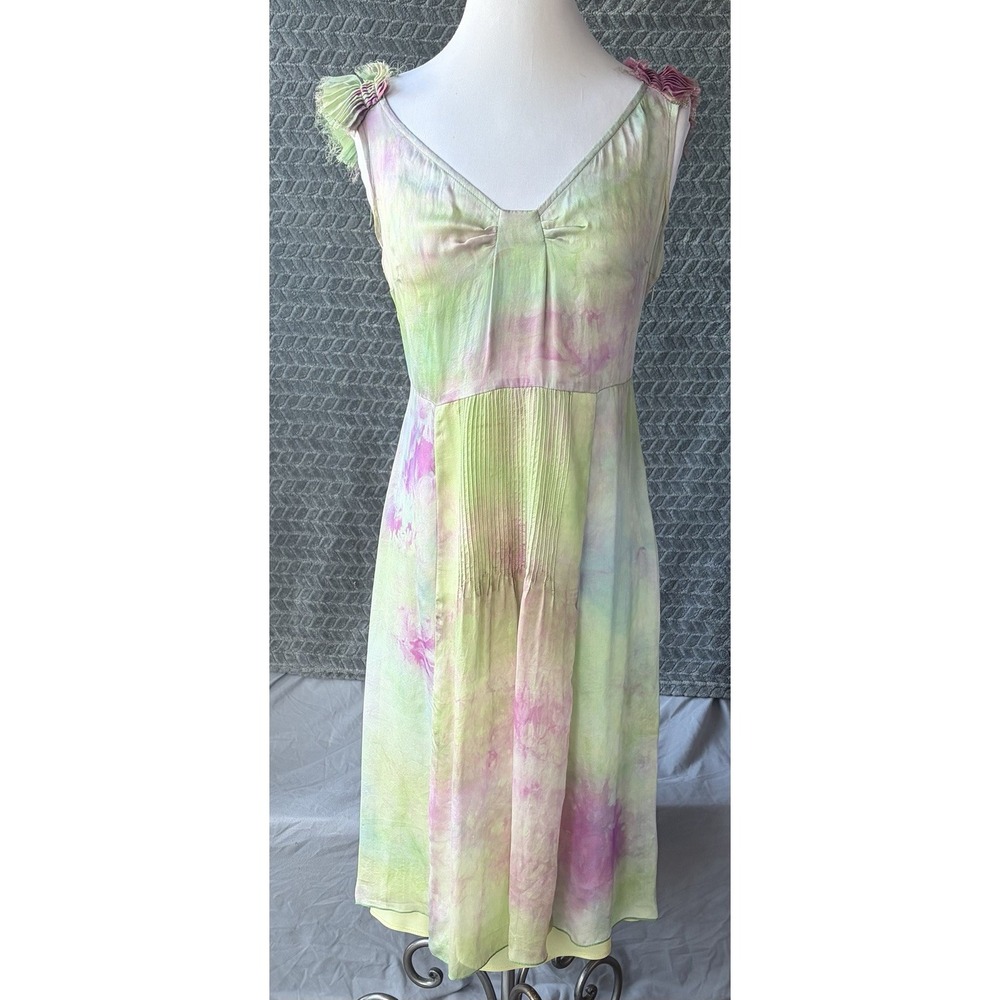 C.C. Outlaw Silk Dress Womens Size 6 Green Pastel Tie Dye Sleeveless Sundress